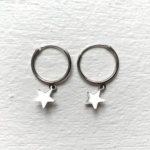 Star Dangle Silver Small Hoop Earrings